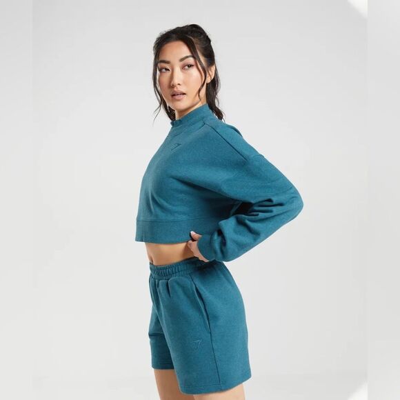 Gymshark Rest Day Crewneck Sweatshirt Cropped Pullover Steel Blue Marl | M - Picture 7 of 9